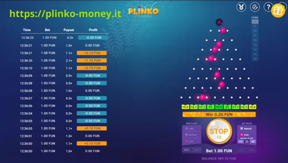 User interface of Plinko game